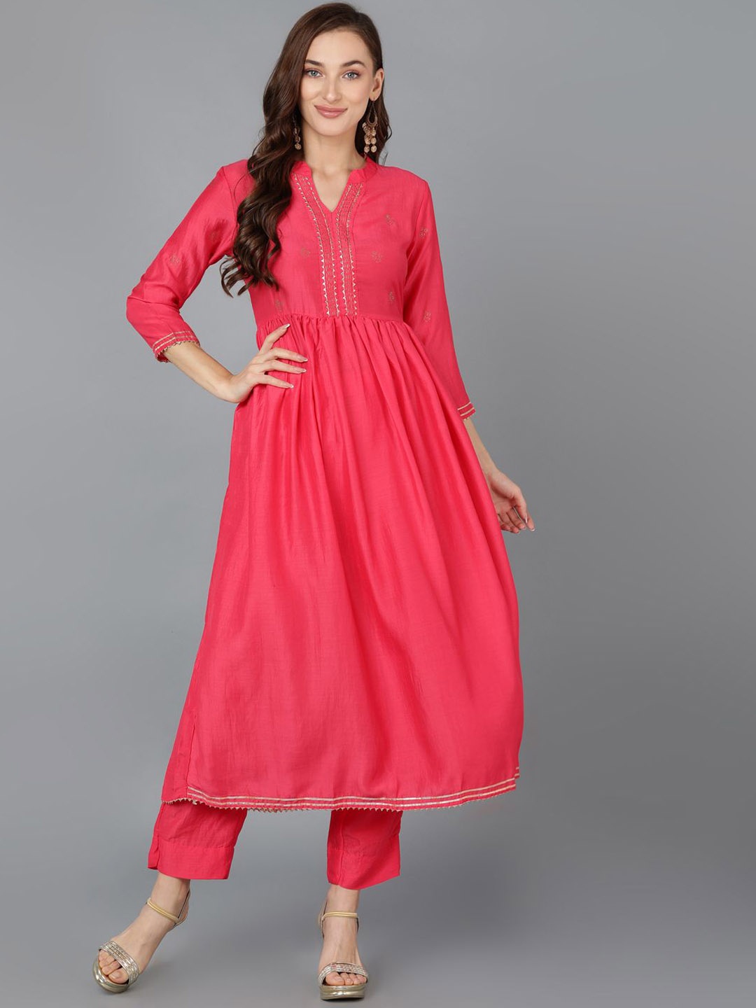 

KALINI Floral Printed Mandarin Collar Gotta Patti A-Line Kurta with Trousers, Pink