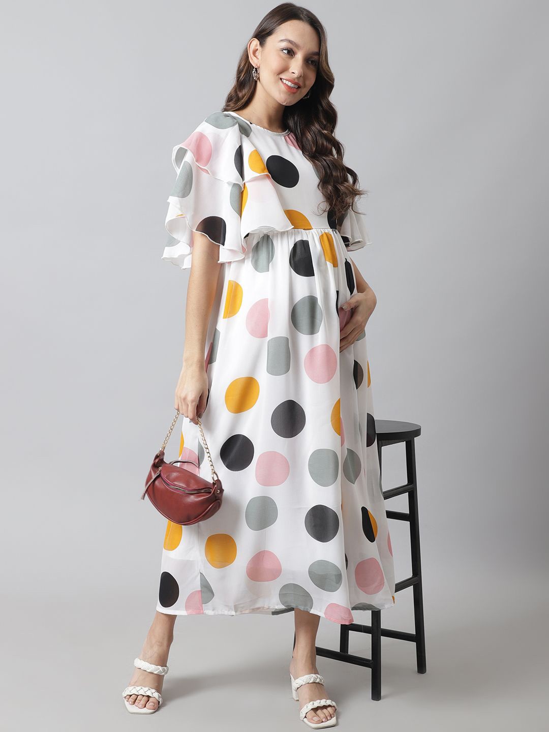 

Moms Maternity Print Flutter Sleeve Georgette Maternity Maxi Dress, White