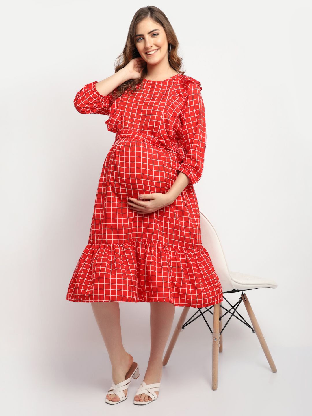 

Moms Maternity Checked Puff Sleeve Crepe Maternity Fit & Flare Midi Dress, Red