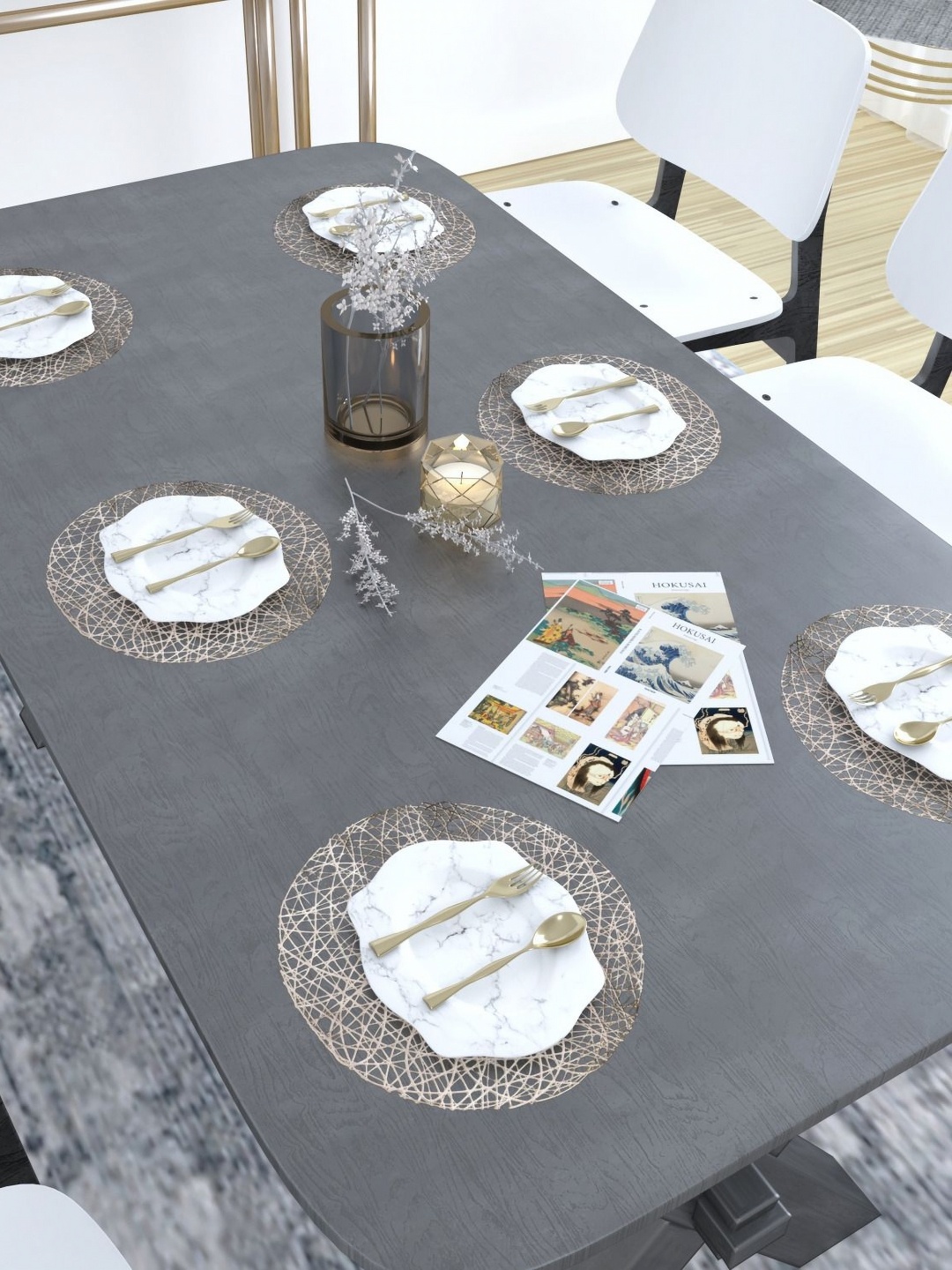 

GROKI Gold toned 6 Pieces Textured Waterproof Rectangular Table Placemats