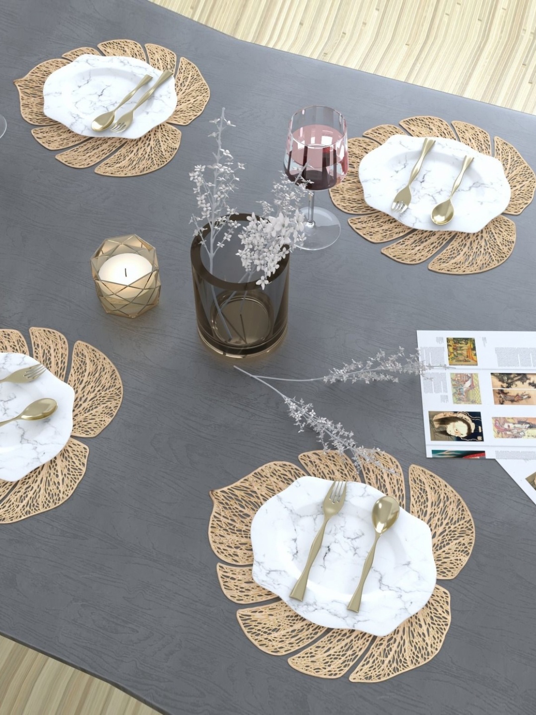 

GROKI Gold toned 4 Pieces Floral Textured Waterproof Table Placemats