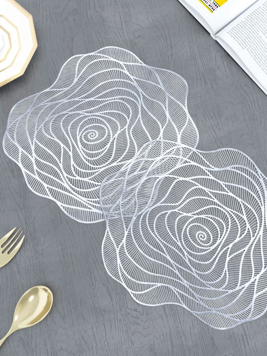 

GROKI Silver toned 2 Pieces Textured Waterproof Table Placemats