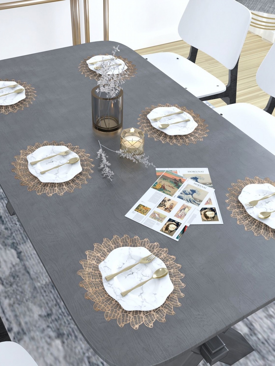 

GROKI Gold toned 6 Pieces Textured Waterproof Table Placemats