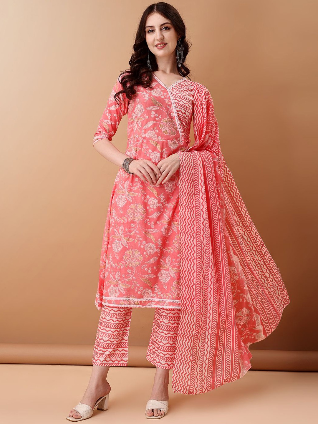 

KALINI Floral Printed V-Neck Angrakha A-Line Kurta with Trousers & Dupatta, Pink