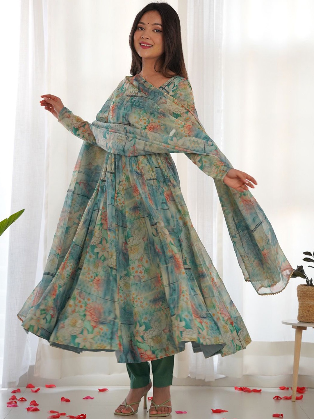 

JATRIQQ Floral Printed Organza Anarkali Kurta with Trousers & Dupatta, Blue