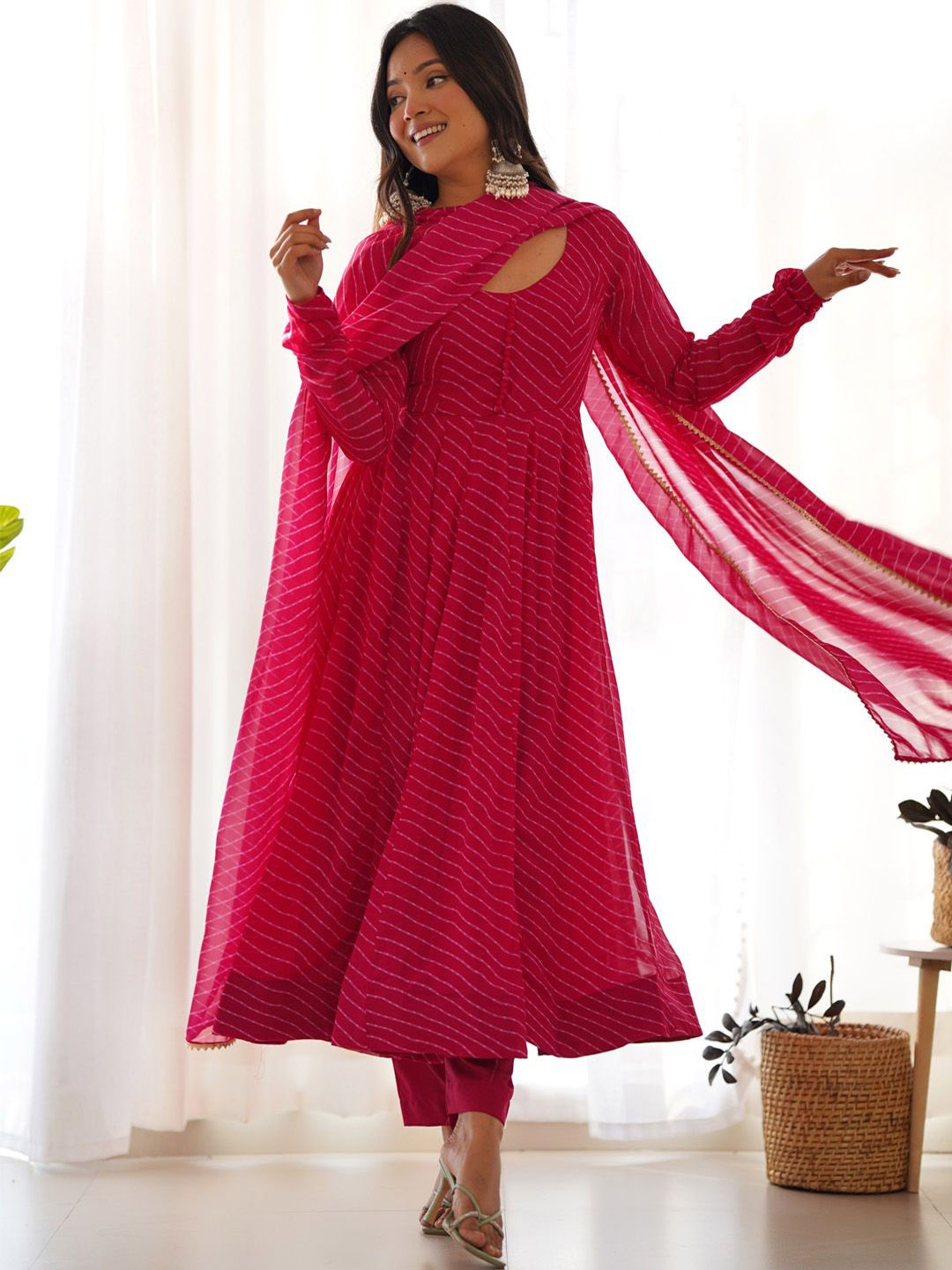 

JATRIQQ Leheriya Printed Georgette Anarkali Kurta with Trousers & Dupatta, Magenta