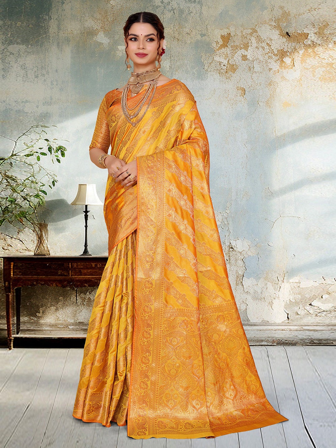 

JAY FASHION Ethnic Motifs Zari Organza Banarasi Saree, Yellow