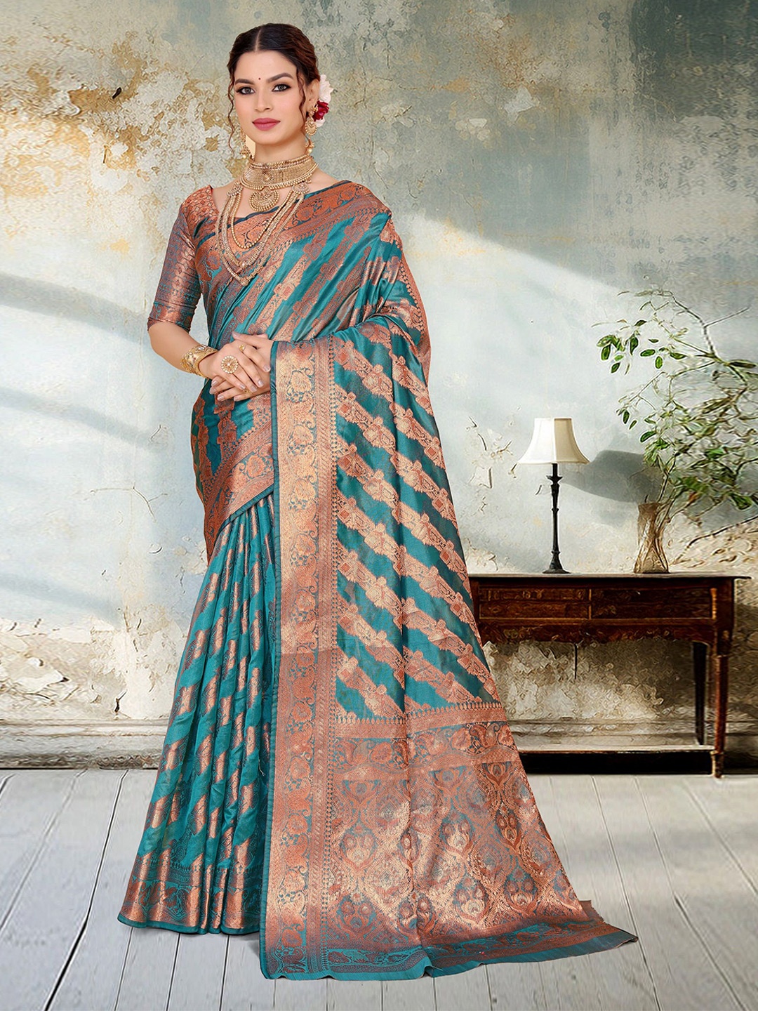 

JAY FASHION Ethnic Motifs Zari Organza Banarasi Saree, Teal