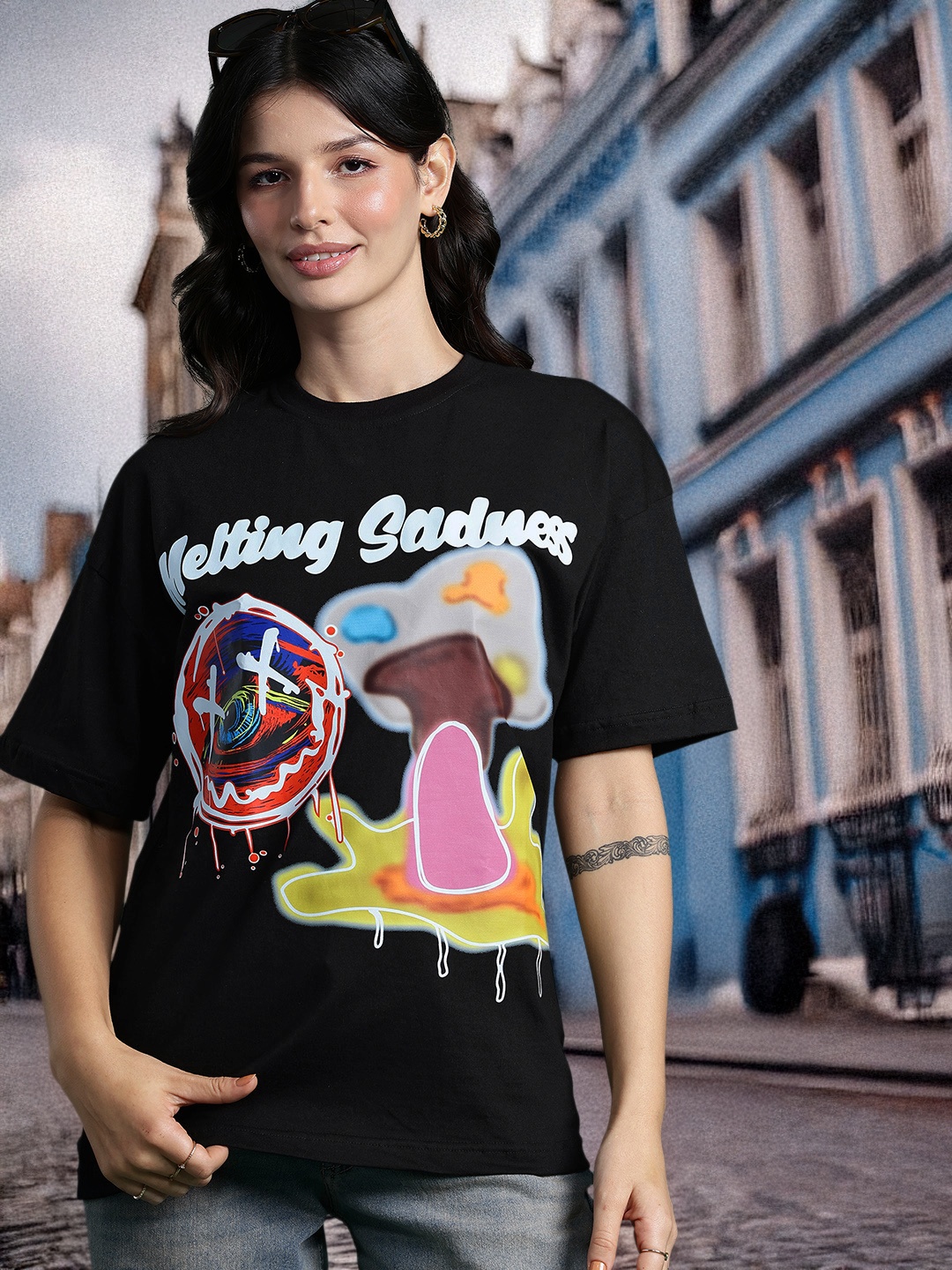 

DressBerry Graffiti Printed Longline Pure Cotton T-shirt, Black