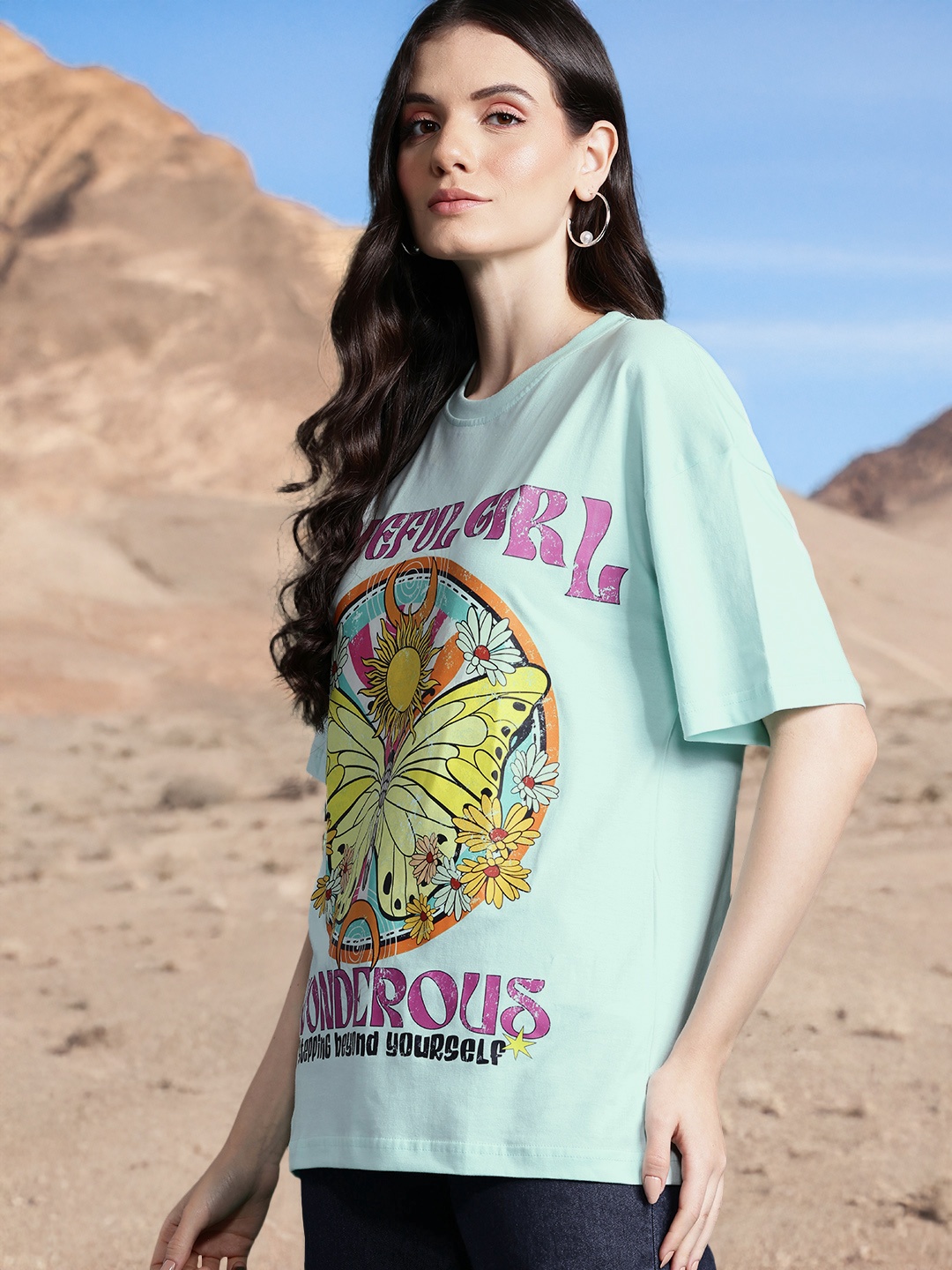 

DressBerry Women Printed Drop-Shoulder Sleeves Pure Cotton T-shirt, Green