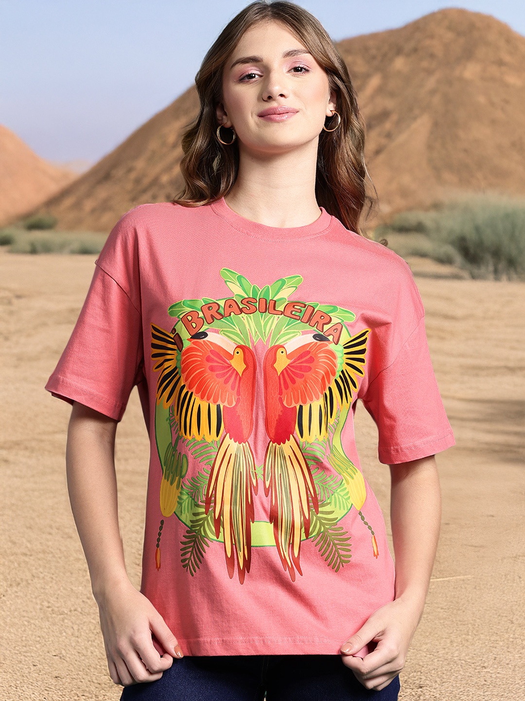 

DressBerry Graphic Printed Drop-Shoulder Sleeves T-shirt, Pink