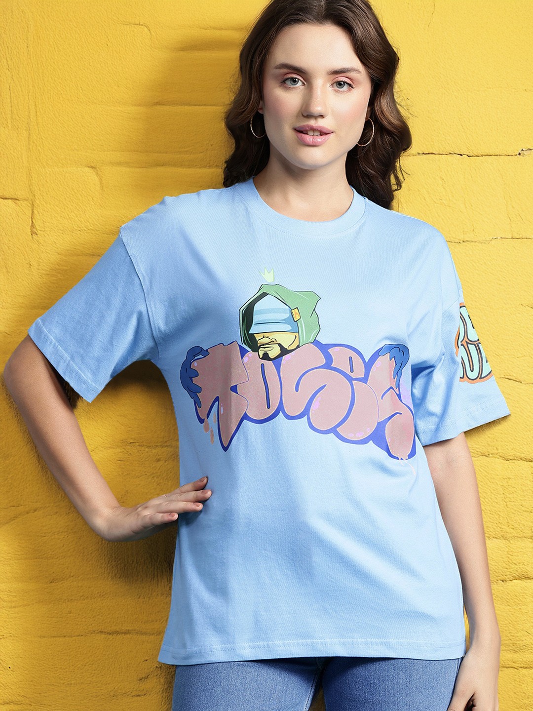 

DressBerry Pure Cotton Typography Printed Drop-Shoulder Sleeves T-shirt, Blue