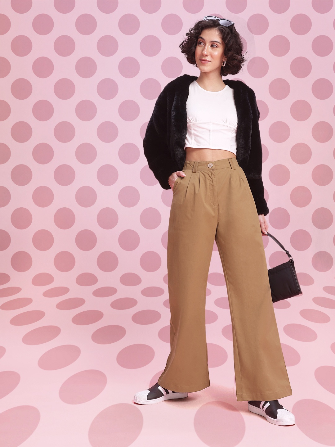 

DressBerry Bizwear Women Pleated Pure Cotton Wide Leg Trousers, Khaki