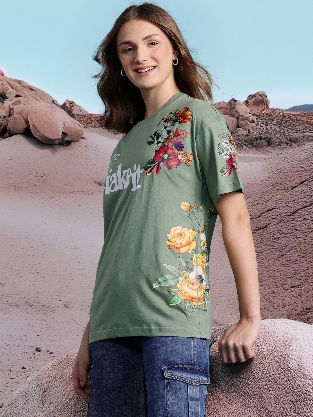

DressBerry Floral Printed Pure Cotton T-shirt, Green