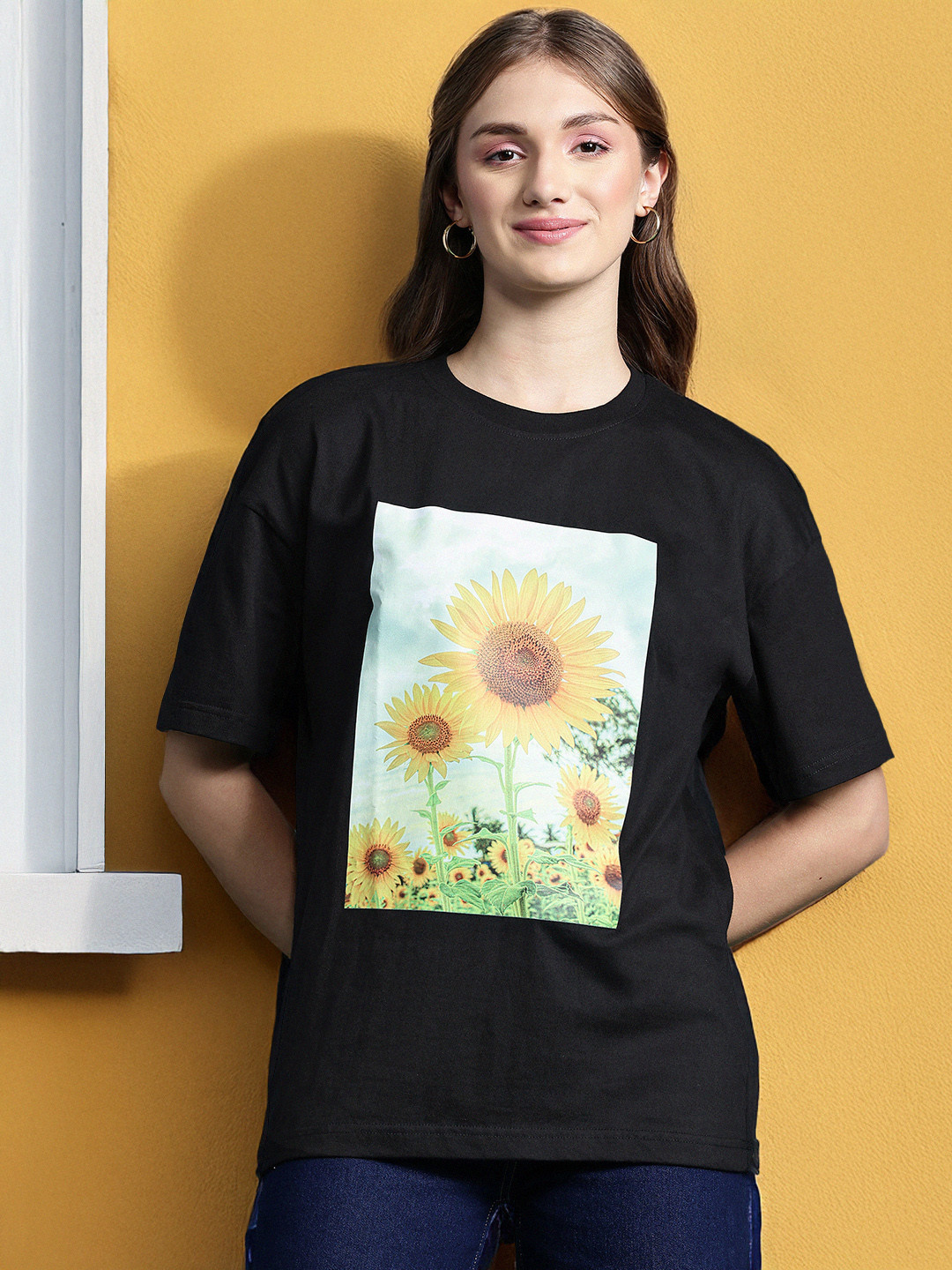 

DressBerry Women Floral Printed Pure Cotton T-shirt, Black