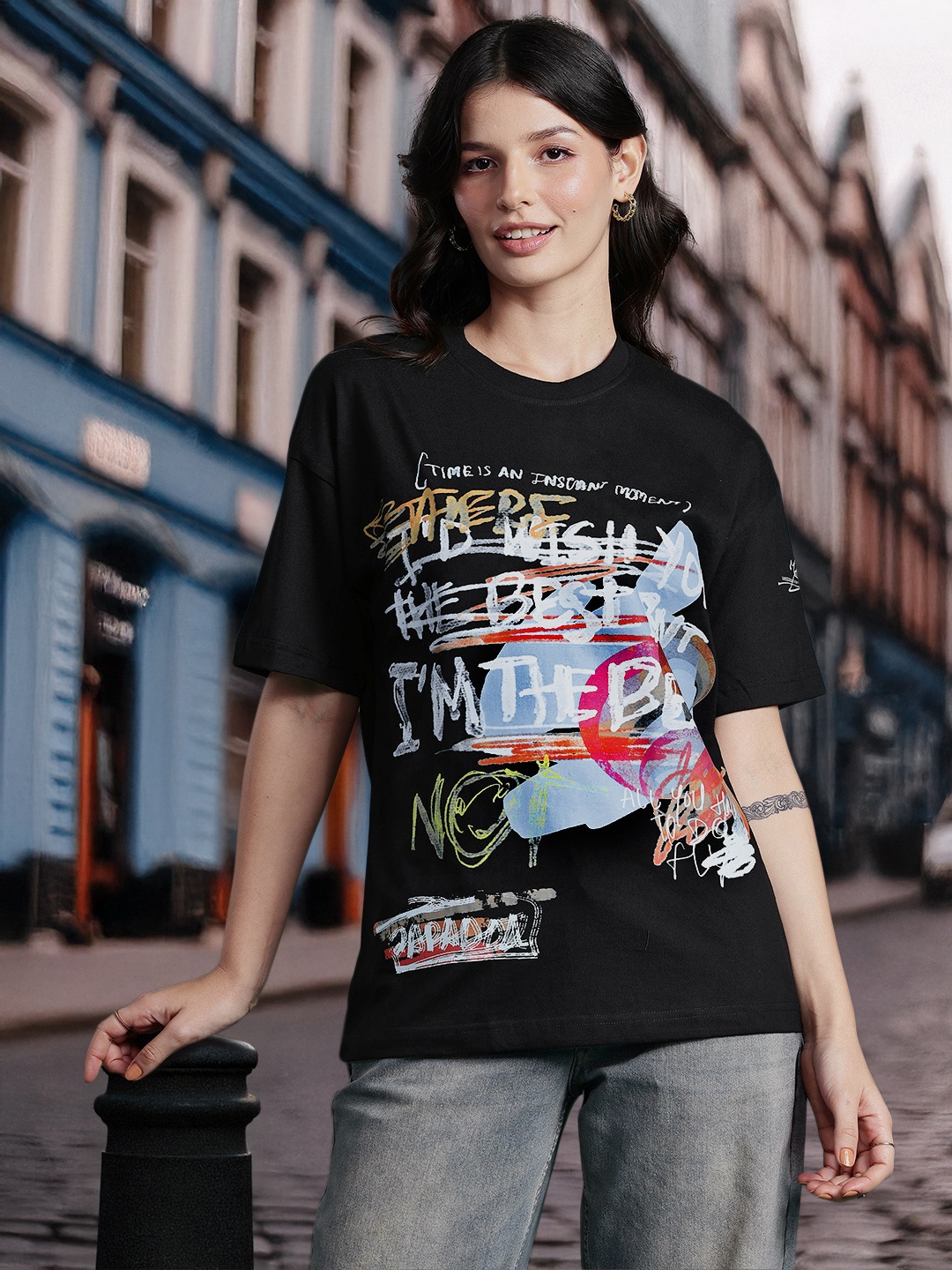 

DressBerry Graffiti Printed Longline Pure Cotton T-shirt, Black