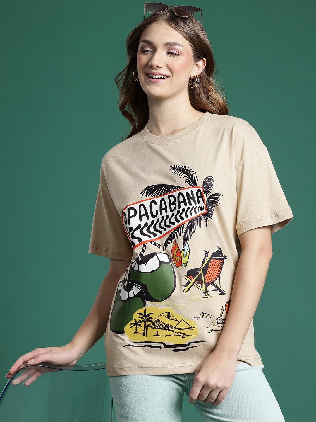 

DressBerry Women Pure Cotton Printed Drop-Shoulder Sleeves T-shirt, Beige