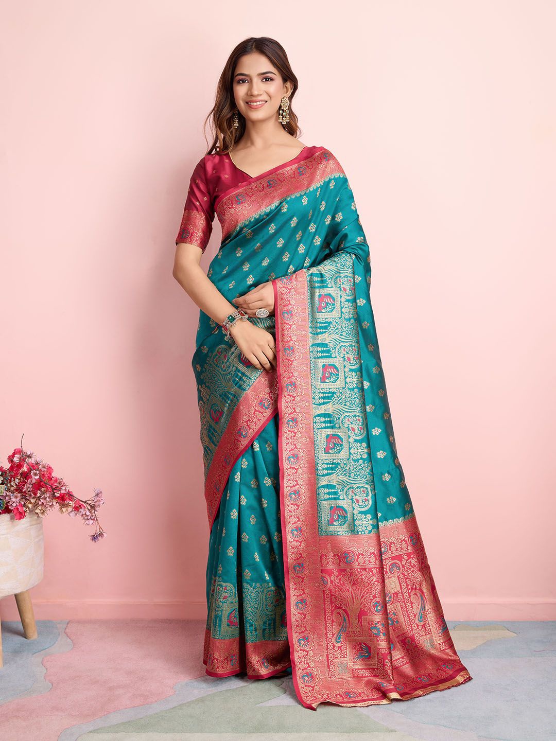 

RICH & ROMAN Ethnic Motifs Zari Pure Silk Banarasi Saree, Teal