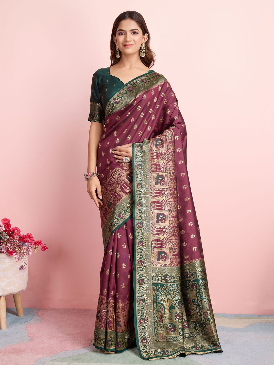 

RICH & ROMAN Woven Design Zari Pure Silk Banarasi Saree, Burgundy