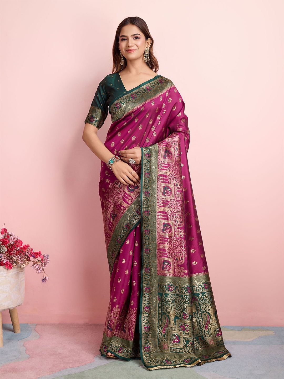 

RICH & ROMAN Woven Design Zari Pure Silk Banarasi Saree, Magenta