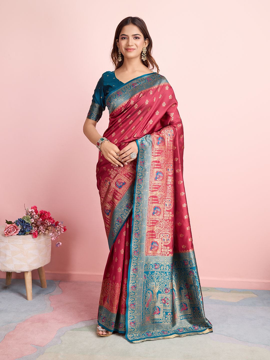 

RICH & ROMAN Ethnic Motifs Zari Pure Silk Banarasi Saree, Pink