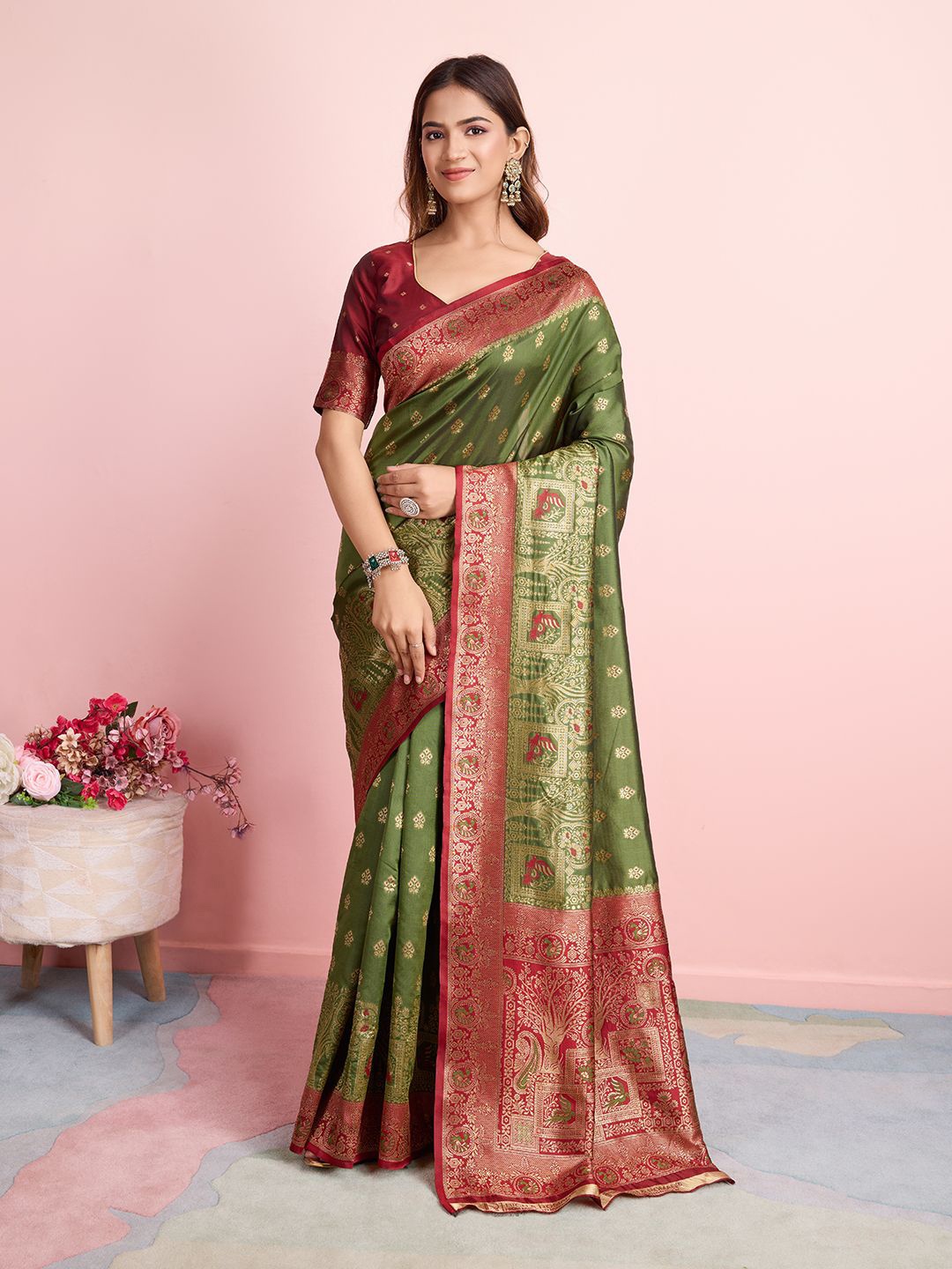 

RICH & ROMAN Woven Design Zari Pure Silk Banarasi Saree, Olive