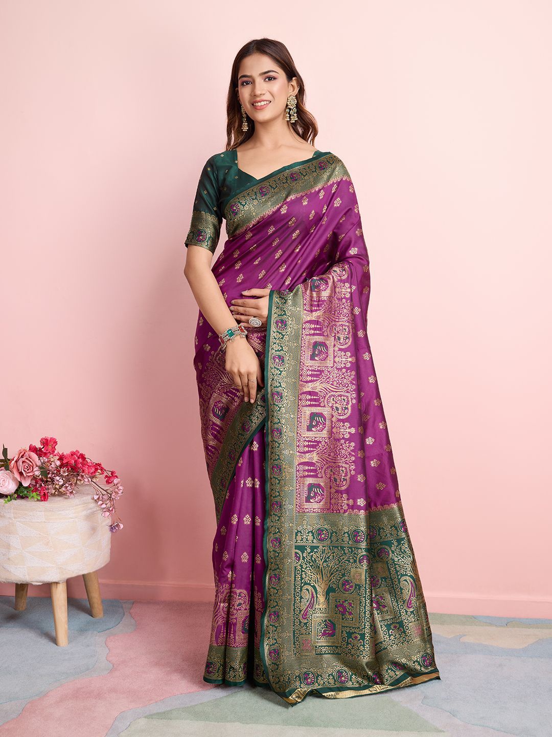 

RICH & ROMAN Woven Design Zari Pure Silk Banarasi Saree, Purple