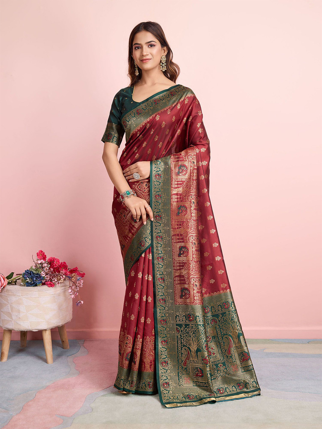 

RICH & ROMAN Woven Design Zari Pure Silk Banarasi Saree, Maroon