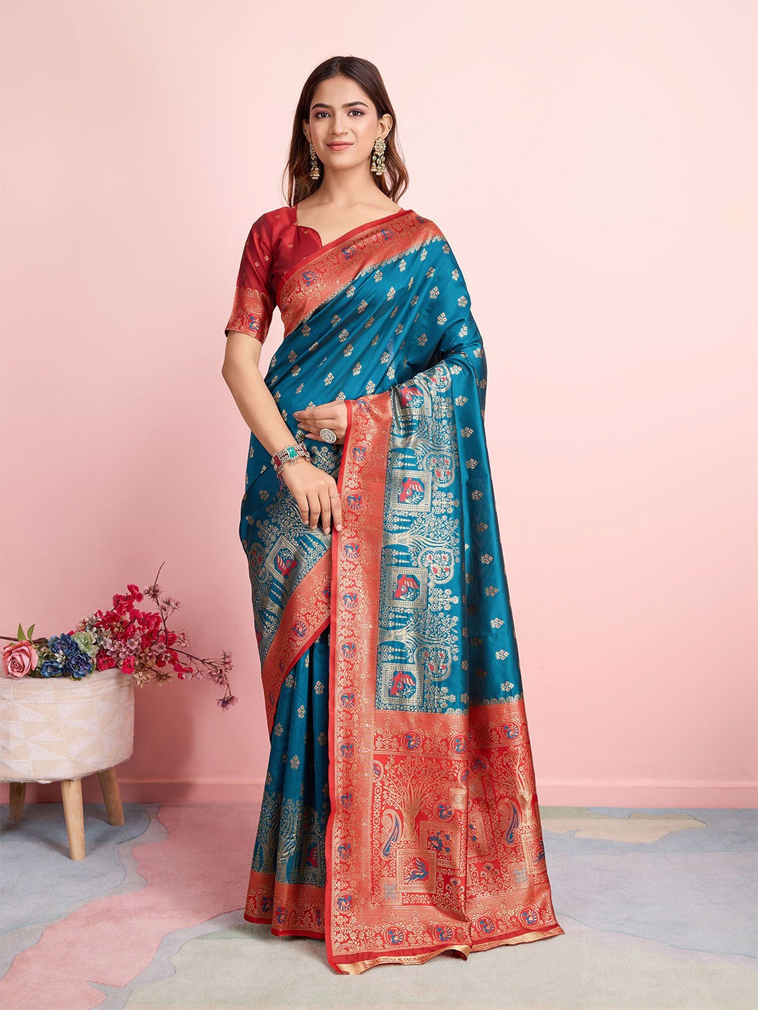 

RICH & ROMAN Woven Design Zari Pure Silk Banarasi Saree, Blue