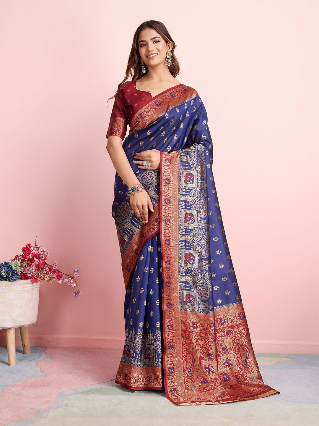 

RICH & ROMAN Ethnic Motifs Zari Pure Silk Banarasi Saree, Blue