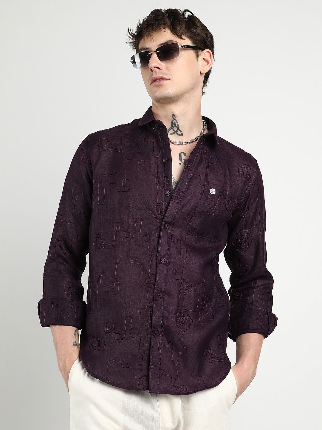 

Campus Sutra Men Comfort Embroidered Opaque One-Lined Shirt, Purple