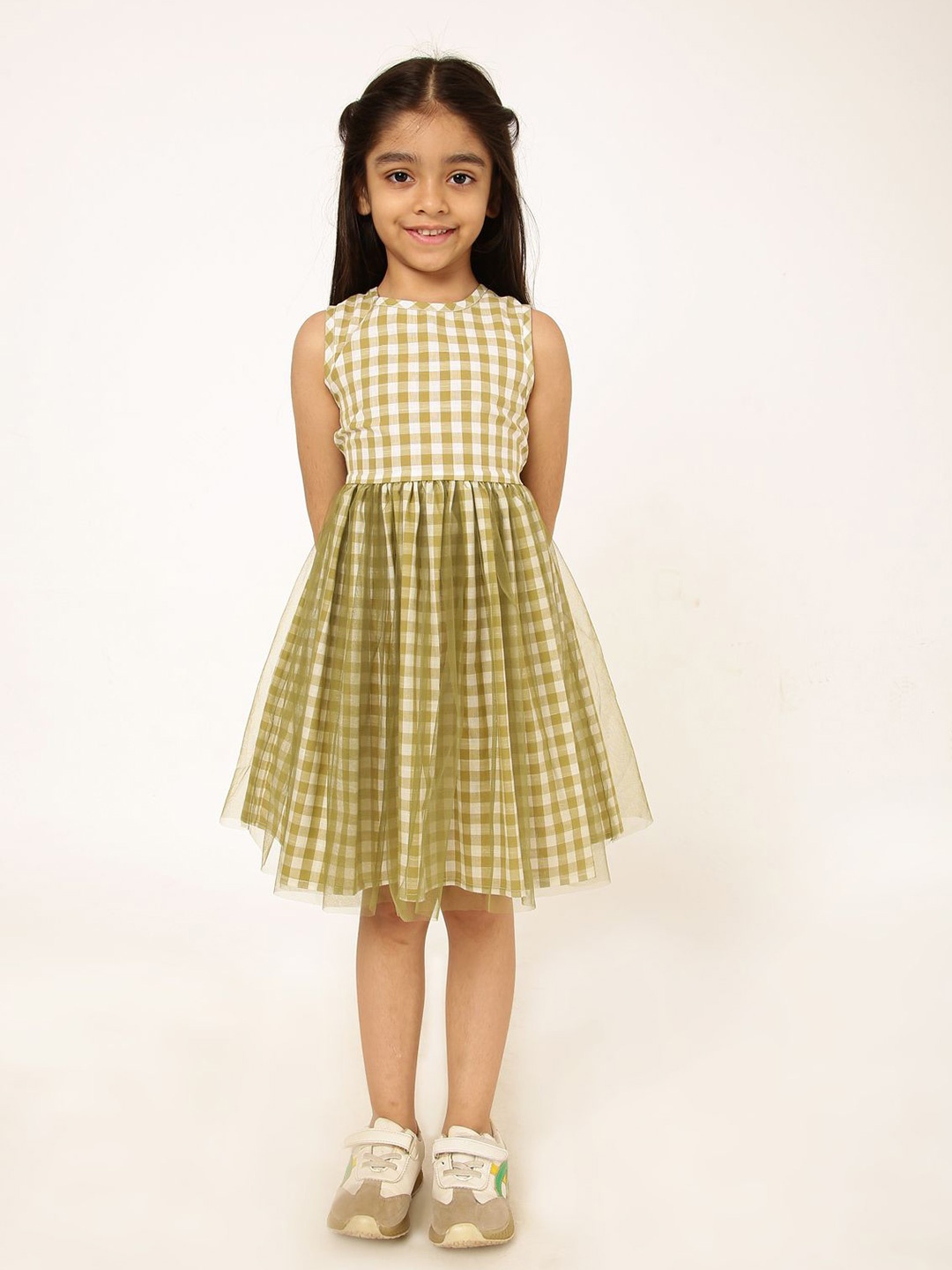 

A Little Fable Girls Checked Pure Cotton Fit and Flare Dress, Green