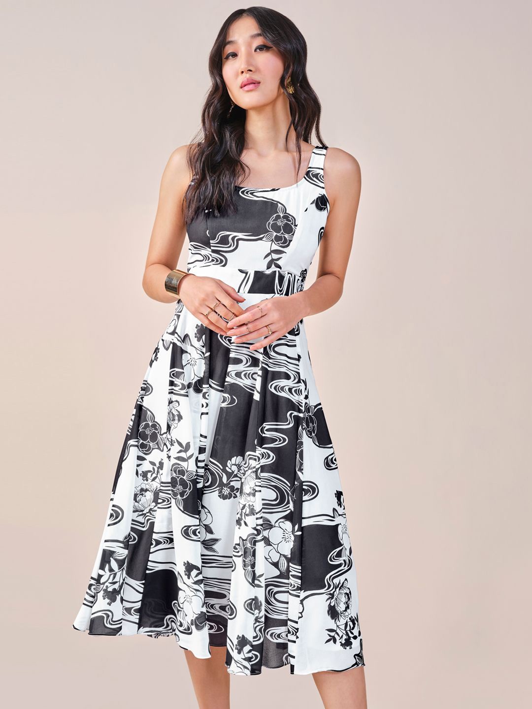 

AND Floral Print Fit & Flare Midi Dress, Black