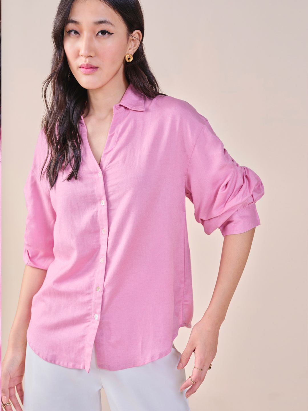 

AND Women Solid Puff Sleeve Shirt Style Top, Pink