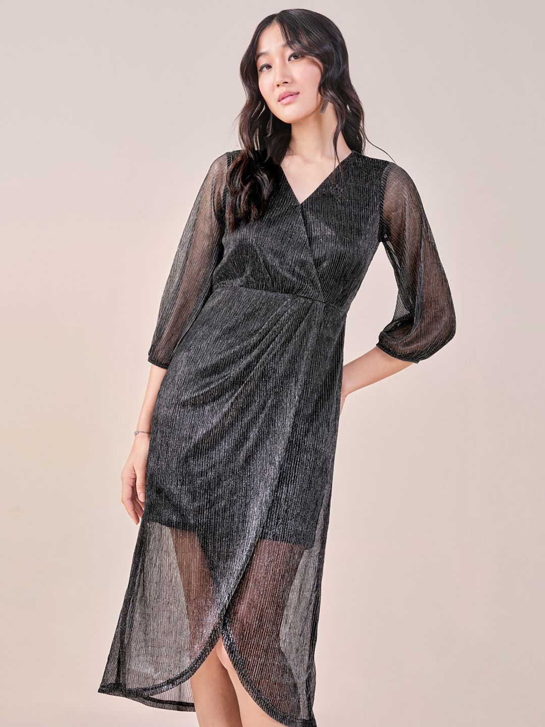 

AND Puff Sleeve Midi Wrap Dress, Black