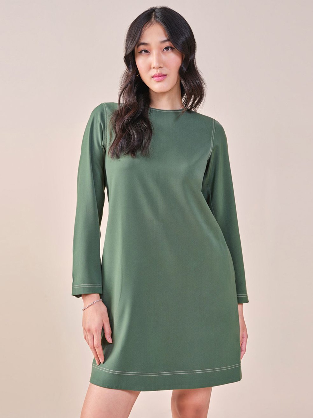 

AND Boat Neck Long Sleeves A-Line Dress, Green