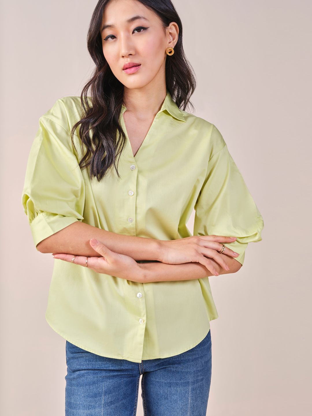 

AND Roll-Up Sleeves Cotton Shirt Style Top, Yellow
