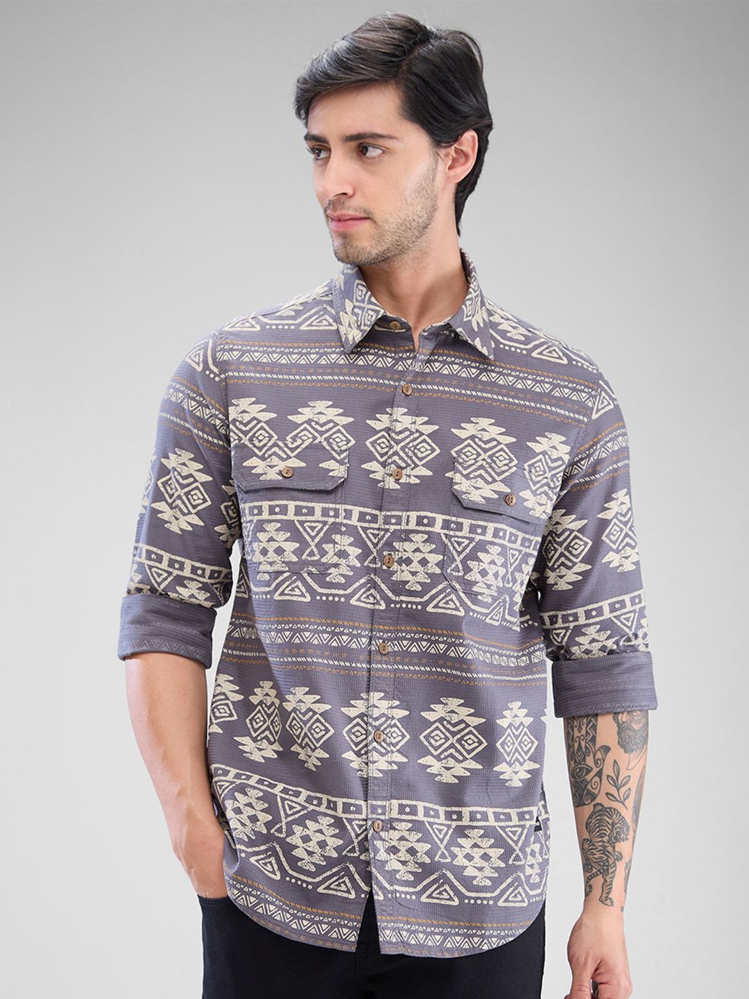 

SPYKAR Men Slim Fit Opaque Printed Casual Shirt, Grey