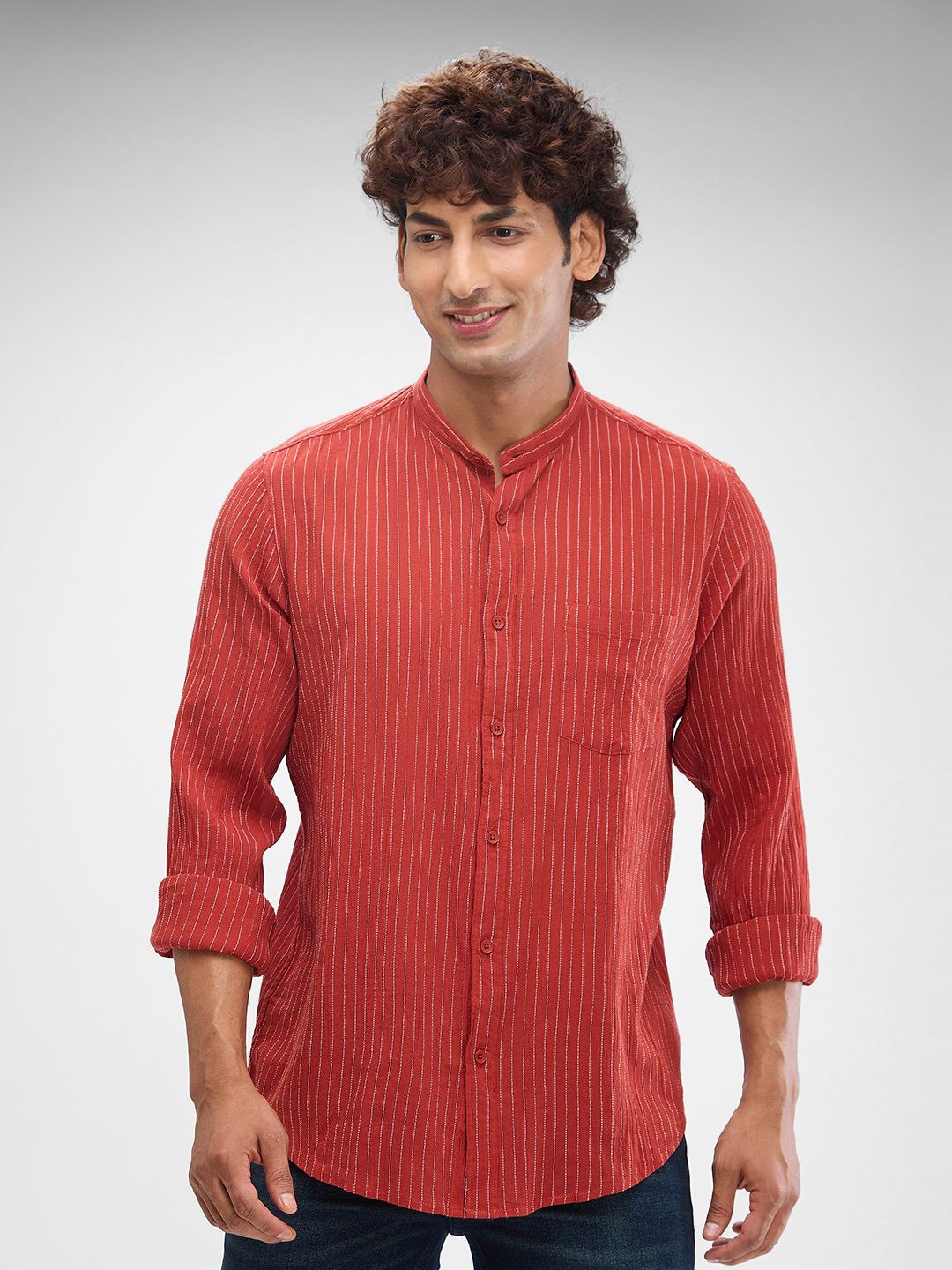 

SPYKAR Men Striped Band Collar Slim Fit Casual Shirt, Red