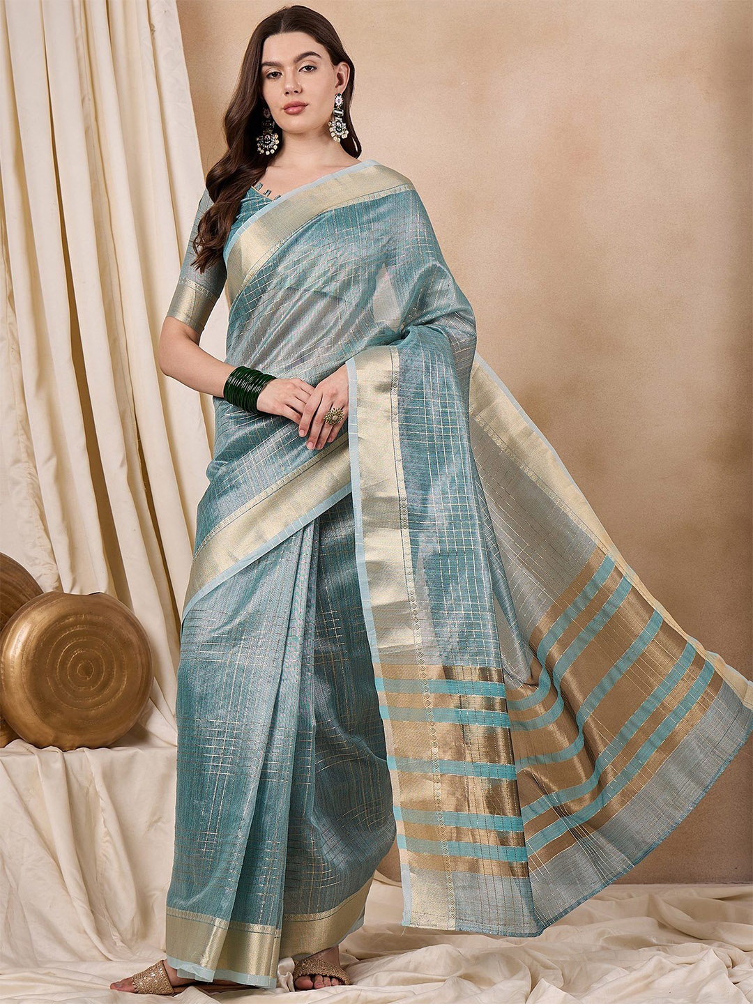 

RAJGRANTH Woven Design Zari Organza Banarasi Saree, Turquoise blue