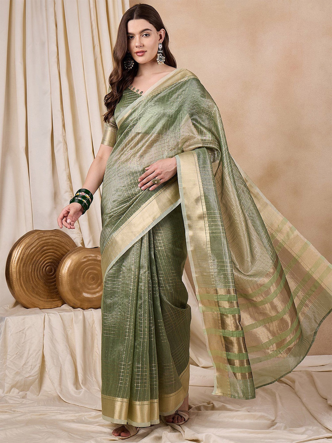 

RAJGRANTH Checked Zari Organza Banarasi Saree, Sea green