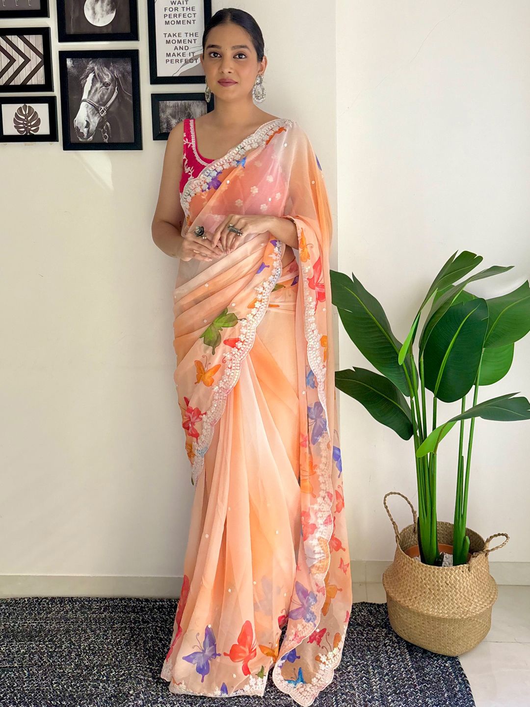 

Mitera Floral Sequinned Embroidery Saree, Orange