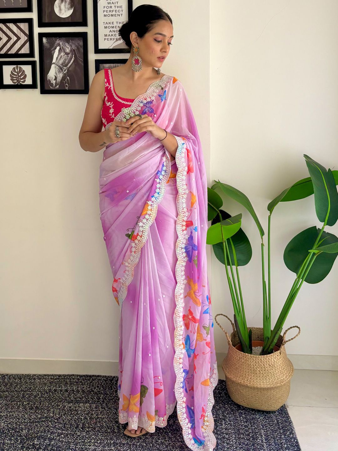 

Mitera Ethnic Motifs Embroidered Sequinned Saree, Pink
