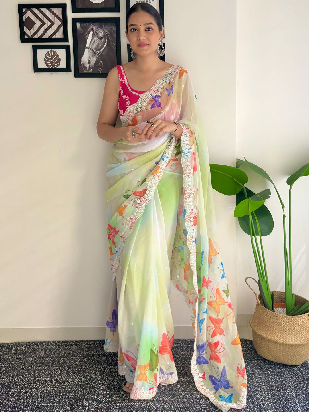 

Mitera Embellished Border Floral Ombre Saree, Green