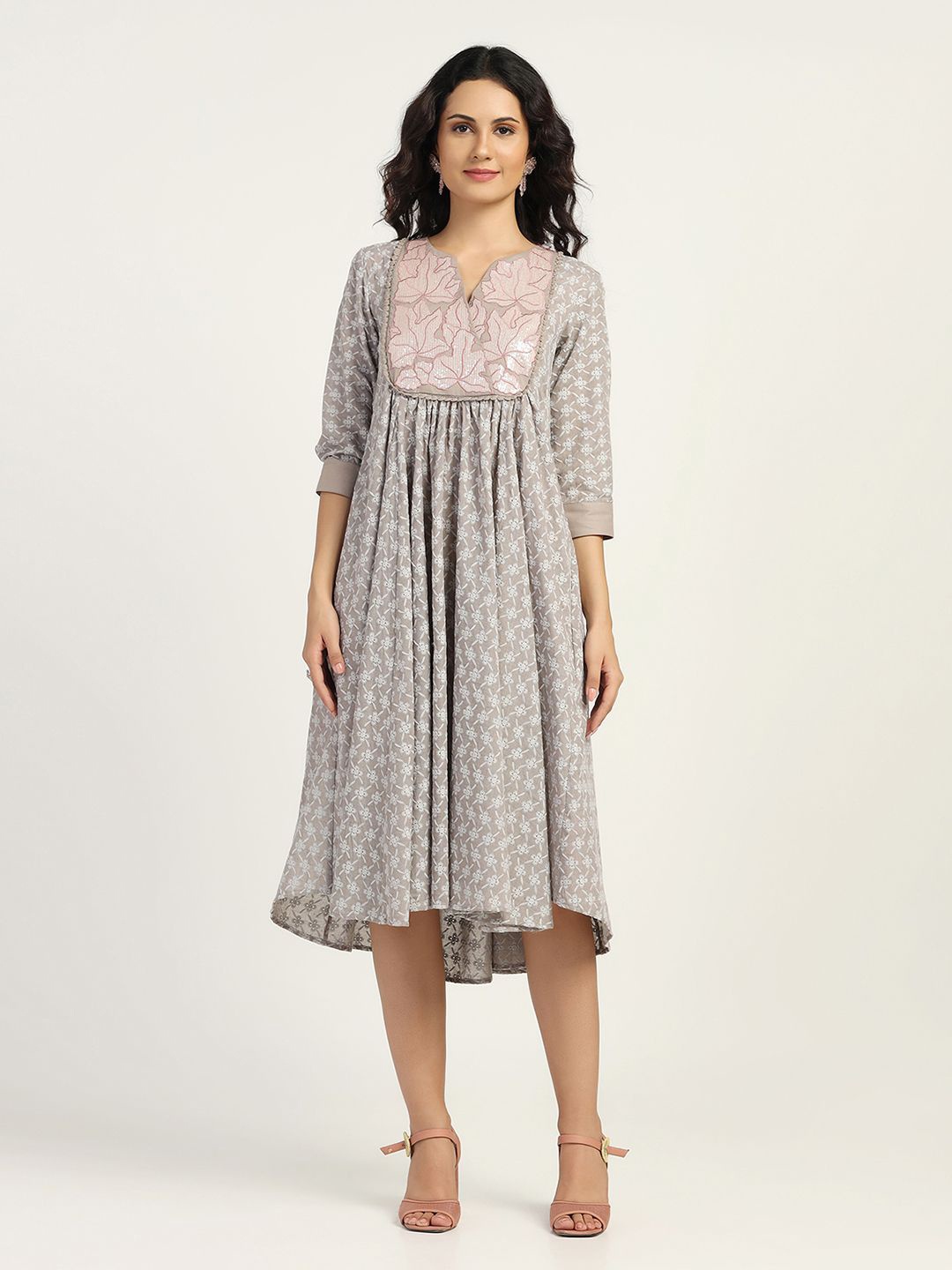 

LELA Floral Print Fit & Flare Midi Dress, Taupe