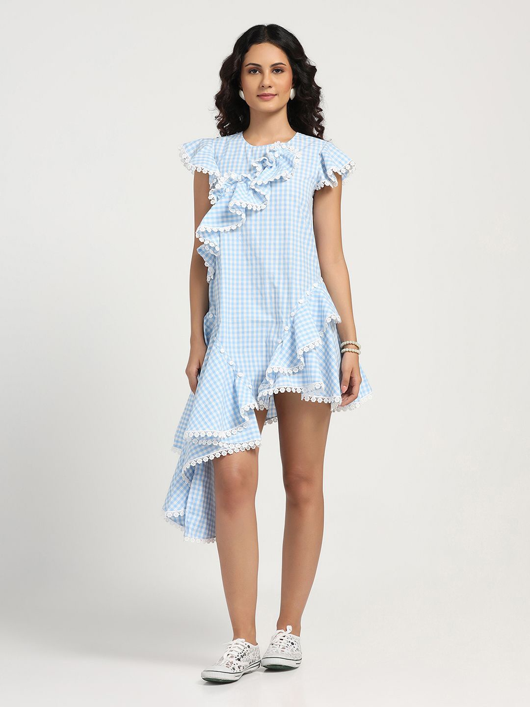 

LELA Checked Flutter Sleeve Ruffled A-Line Dress, Blue
