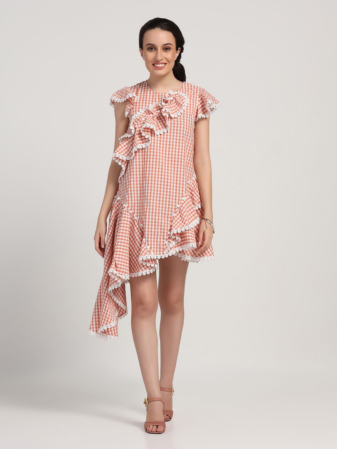 

LELA Checked Print Flutter Sleeve Fit & Flare Midi Dress, Peach