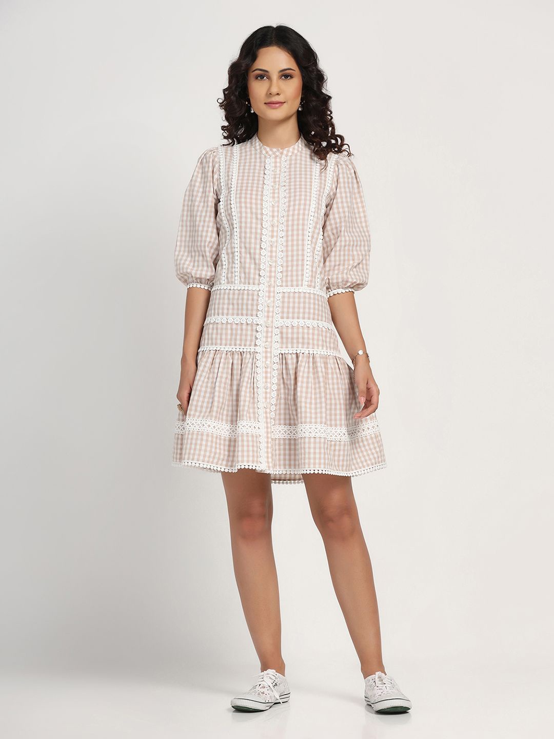 

LELA Women Puff Sleeve A-Line Dress With Laces, Beige
