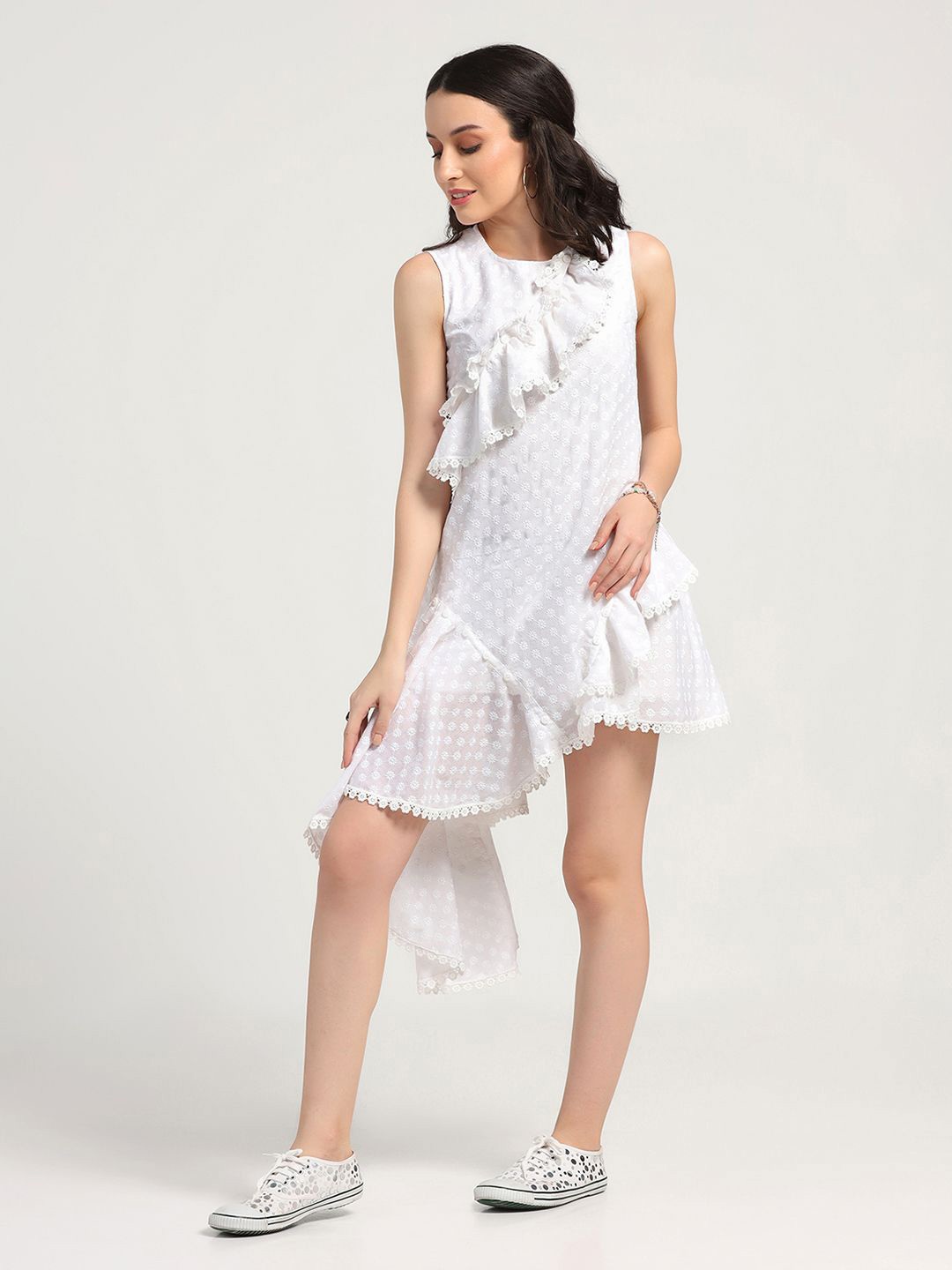 

LELA Embroidered Ruffle Cotton A-Line Dress, White