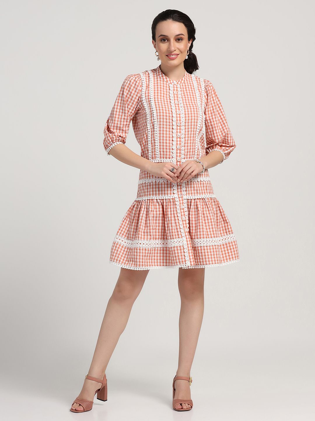 

LELA Women Checked Drop Waist Dress With Laces, Peach